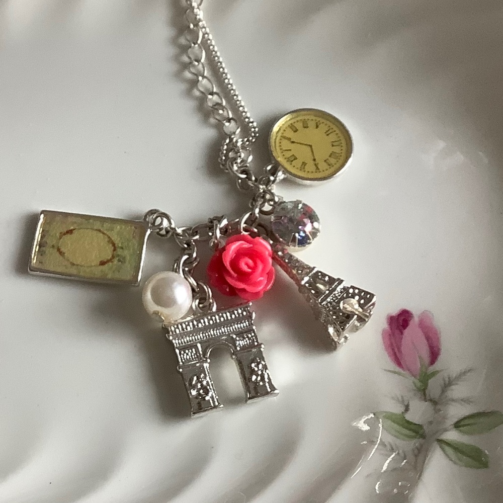 PARIS DREAM multi-charmed silver tone necklace